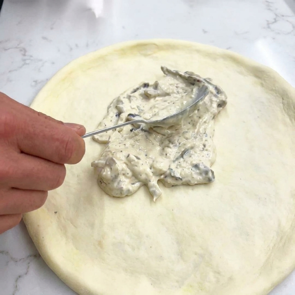 Una cuchara de metal extendiendo una salsa blanca espesa con trozos de champiñón sobre la masa de pizza.