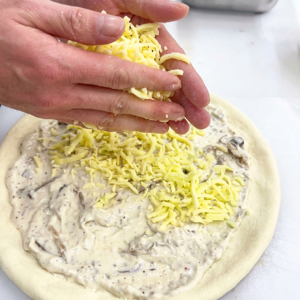 Manos dejando caer queso rallado sobre una base de pizza ya cubierta con salsa blanca.