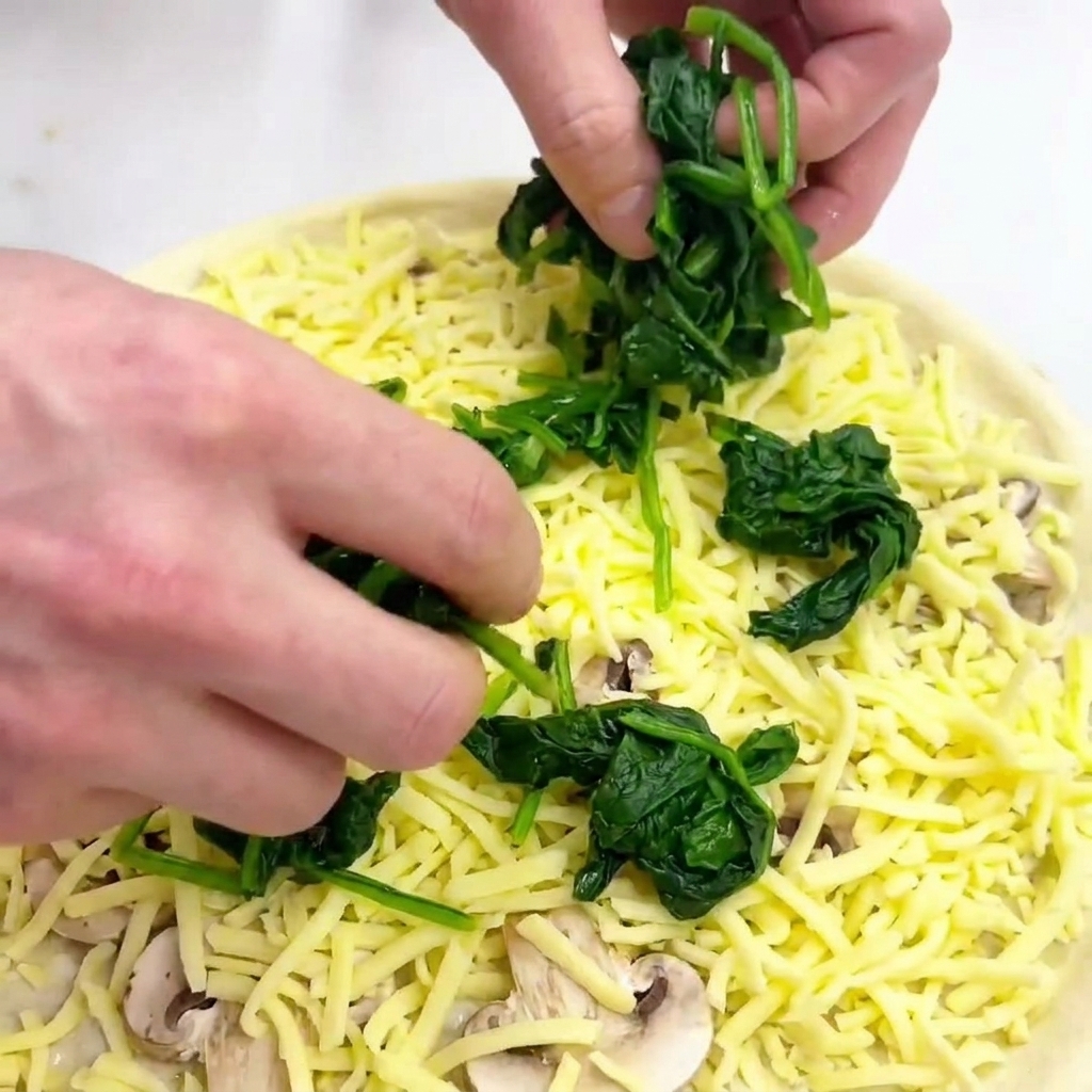 Manos colocando hojas de espinaca cocidas sobre una pizza con queso rallado.
