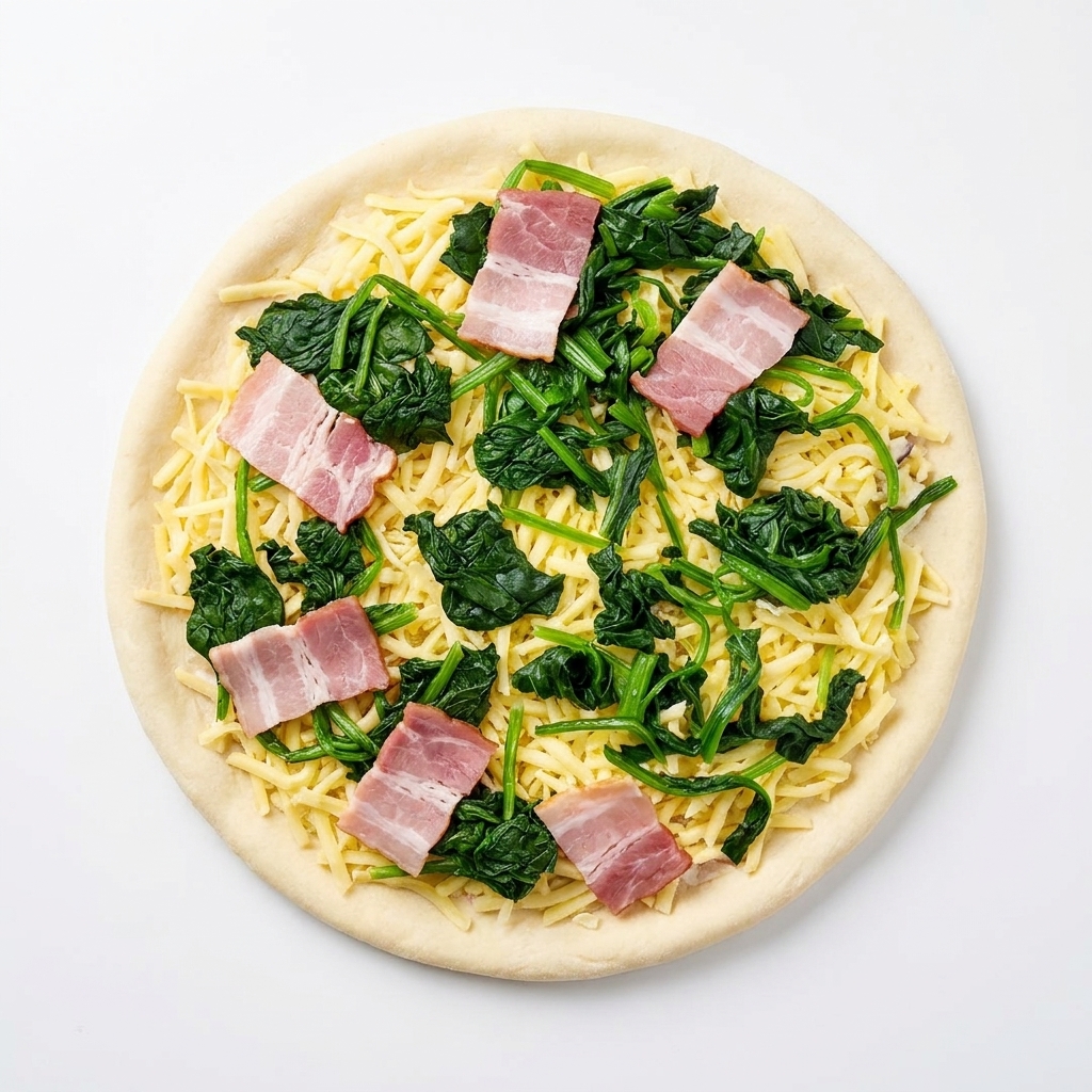 Vista cenital de una pizza cruda con salsa blanca, mozzarella, espinacas y seis tiras de beicon.