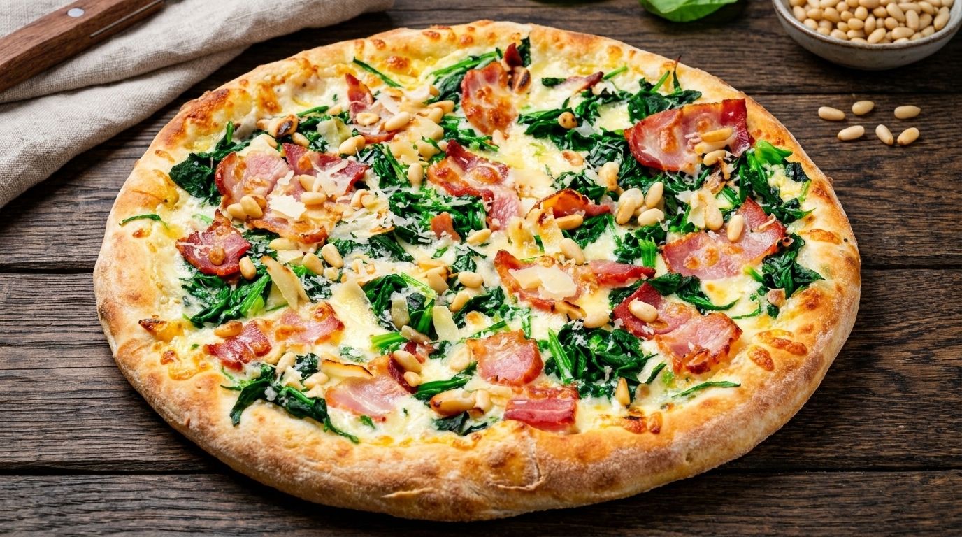 Pizza cremosa de espinacas y beicon con salsa de champiñones