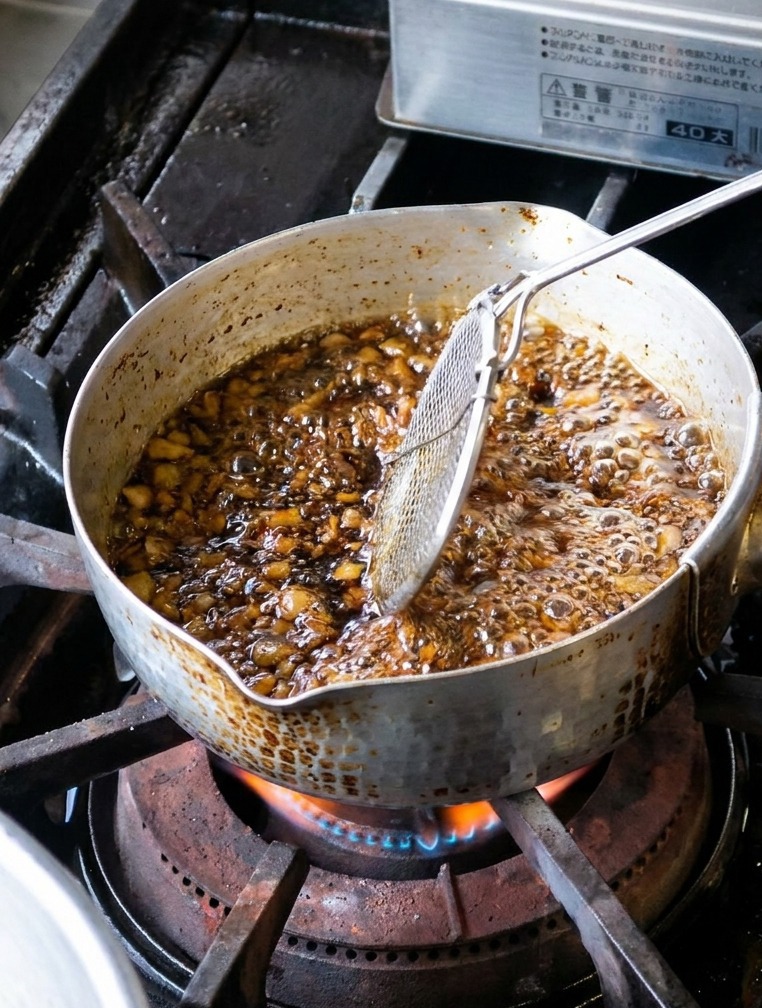 La última porción de láminas de ajo fritas hasta alcanzar un color negro profundo, siendo retiradas con un colador.