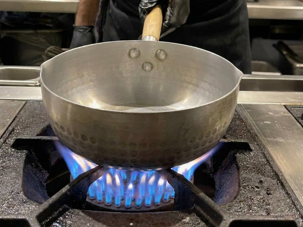 Una olla de acero inoxidable sobre una estufa de gas con caldo de cerdo blanco y cremoso.