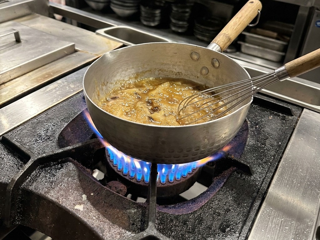 Un batidor metálico mezclando una salsa de ajo negro espesa y burbujeante sobre el fuego.