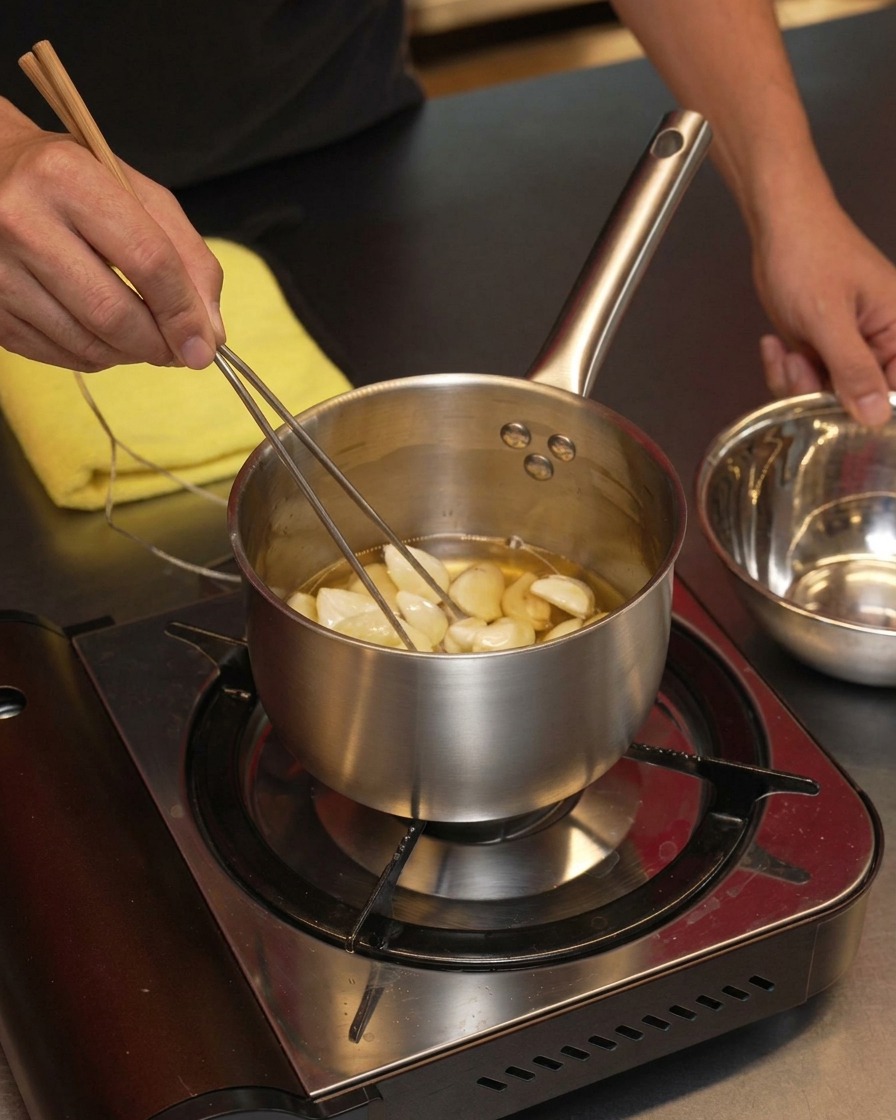 Dientes de ajo pelados removiéndose con palillos en una olla con aceite caliente.