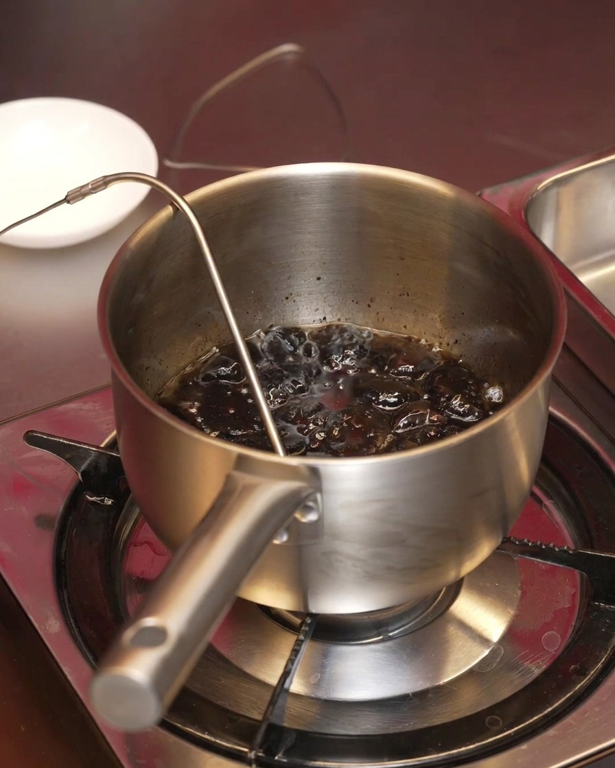 Dientes de ajo negro profundamente carbonizados burbujeando en aceite dentro de un cazo de acero inoxidable.