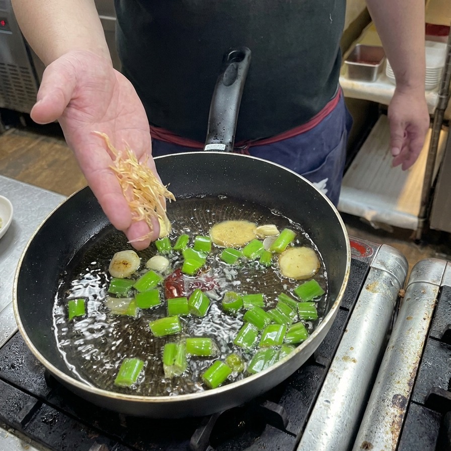 Una mano espolvoreando camarones secos en una sartén con cebolleta, jengibre y ajo chisporroteando.