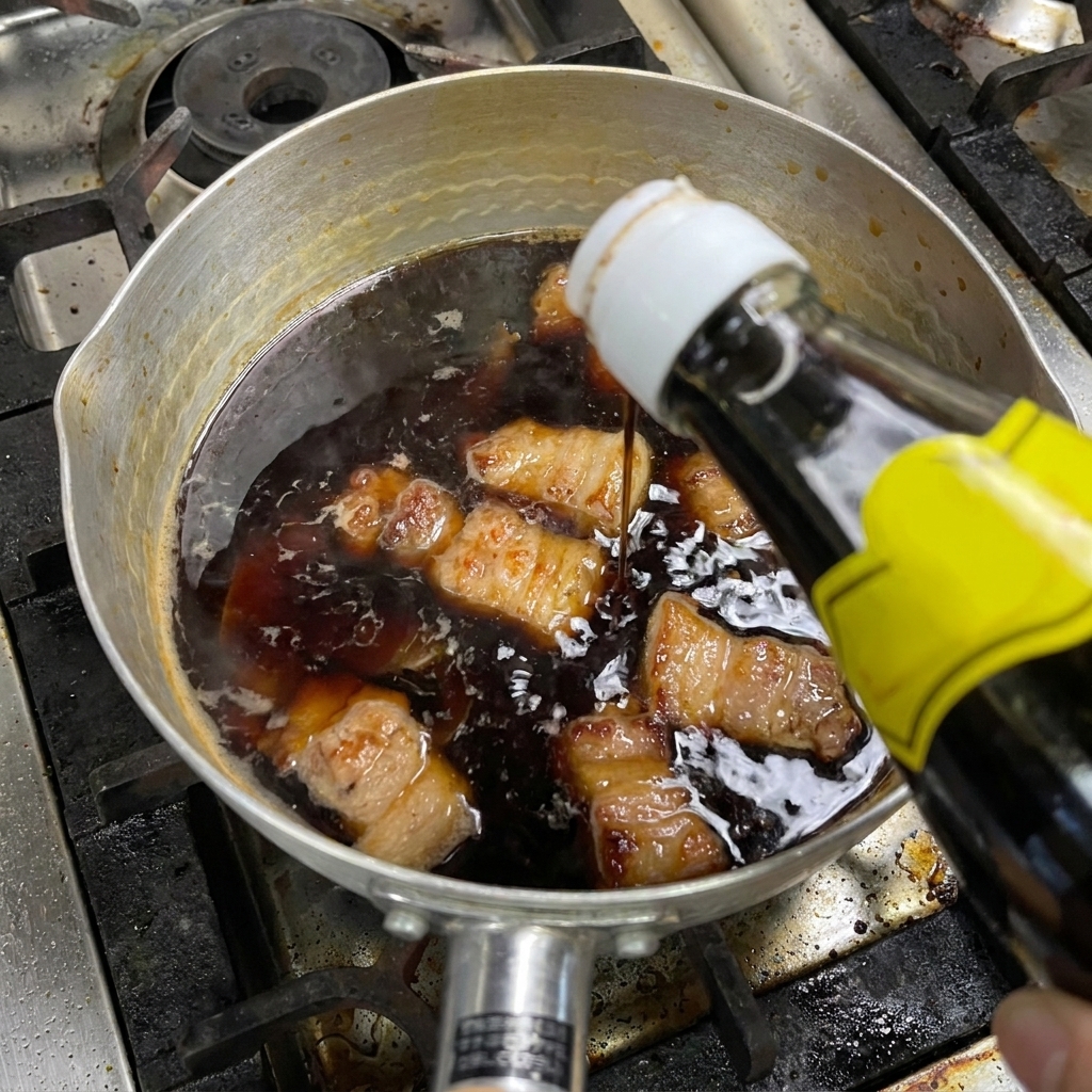 Líquido oscuro vertiéndose desde una botella de vidrio a una olla con trozos de panceta estofada.