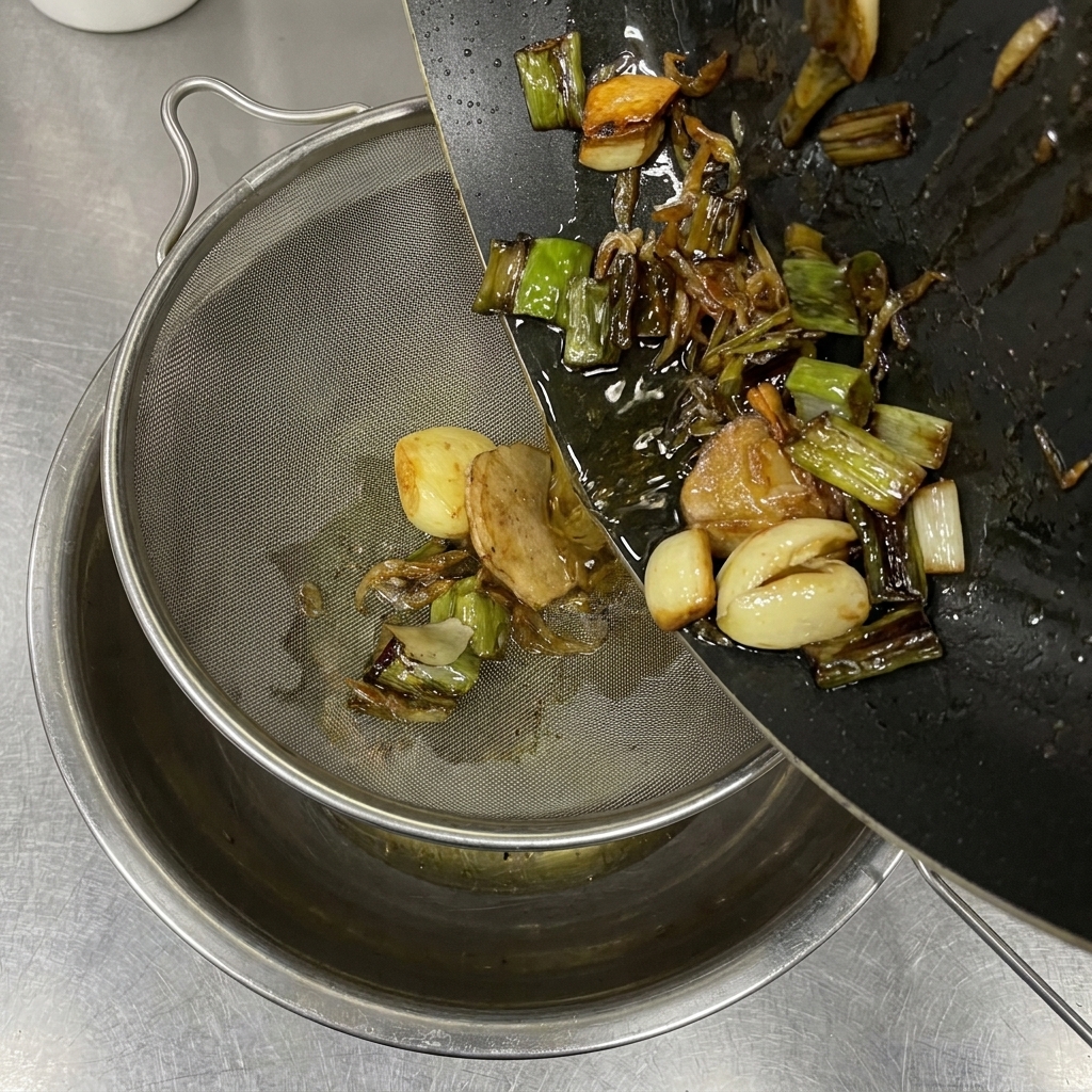 Vertiendo aceite y aromáticos tostados desde una sartén negra a un colador sobre un bol de acero inoxidable.