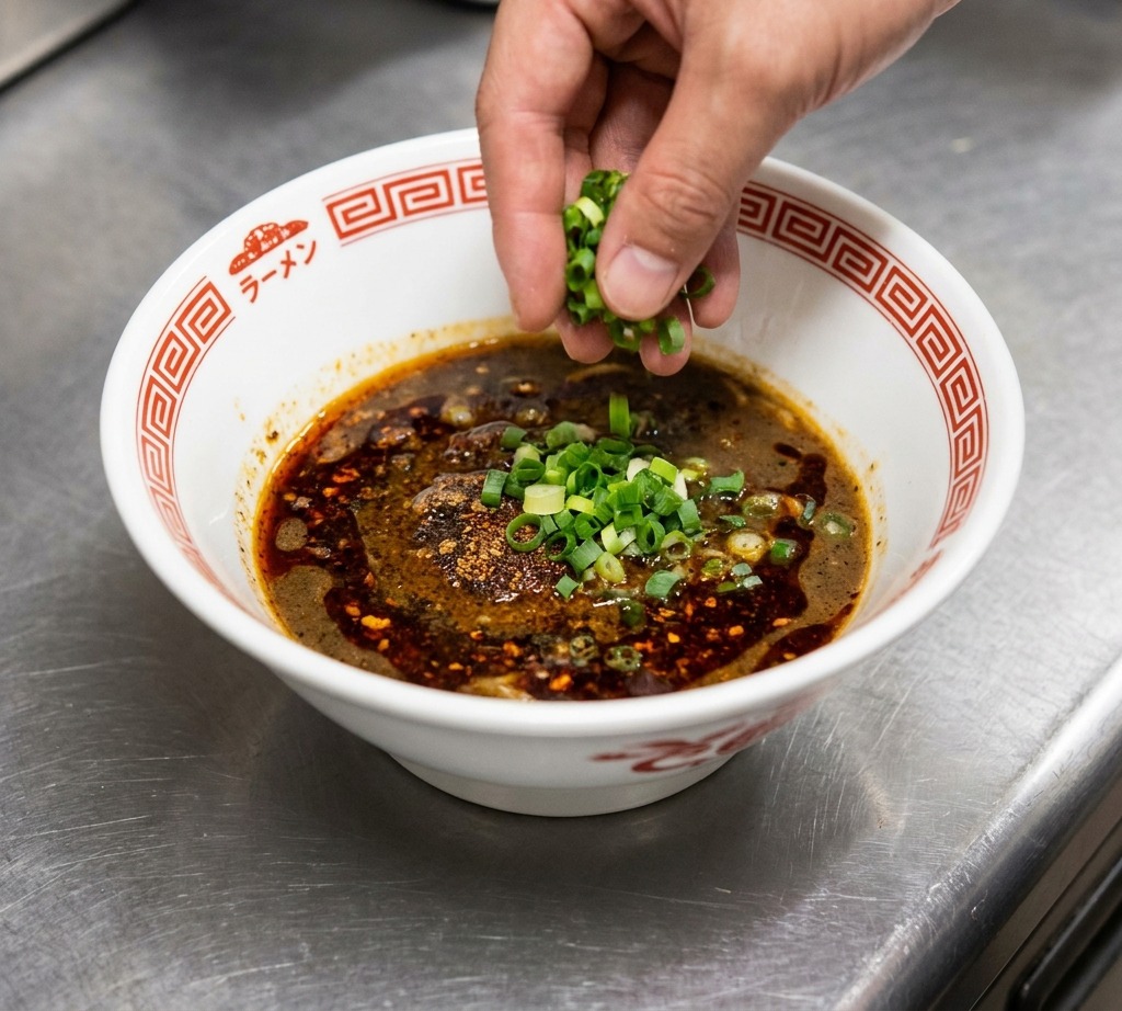 Caldo de pollo dorado y transparente vertiéndose desde un cazo en un bol de ramen, mezclándose con el tare oscuro.