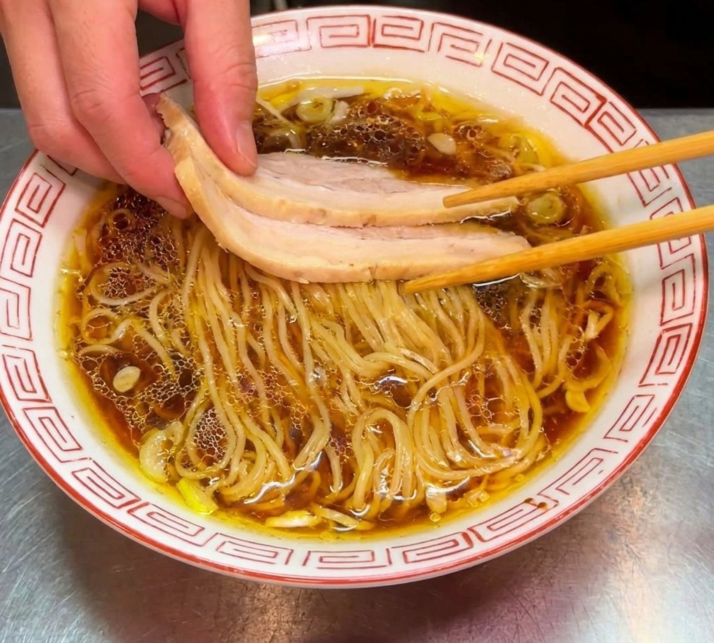 Un bol de ramen con fideos, caldo y chashu al que se le añade un montón de espinacas verdes frescas en el lado izquierdo.