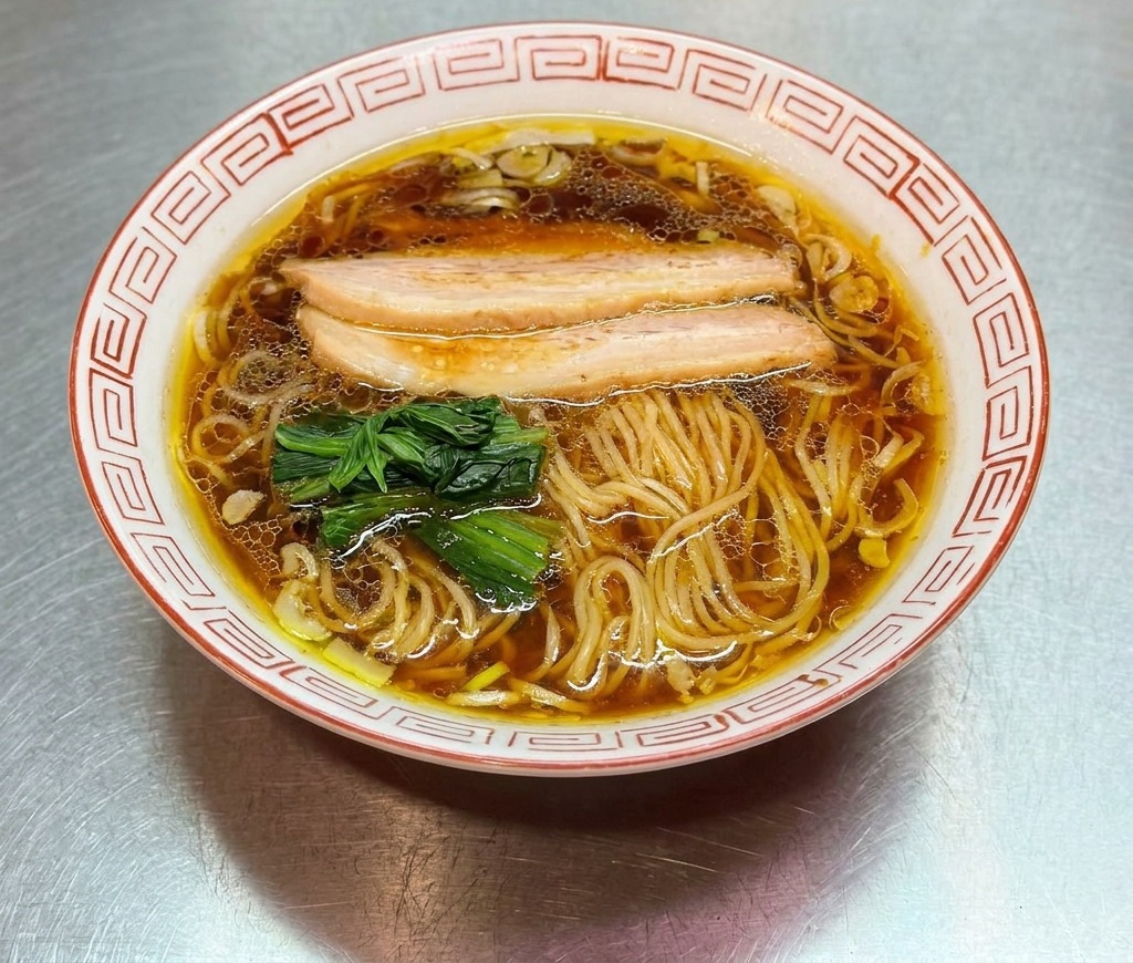Un bol de shoyu ramen casi terminado al que se le añaden brotes de bambú marrones y otras guarniciones.