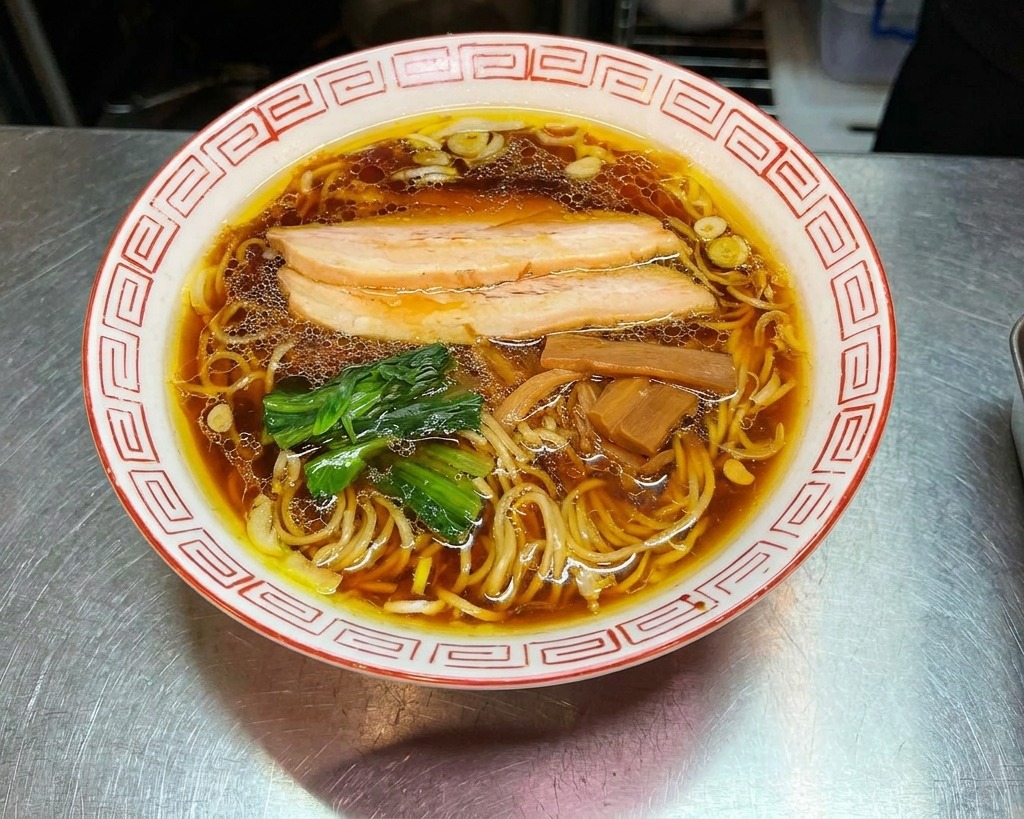 Una mano colocando una lámina crujiente de alga oscura en el lateral de un tazón de sopa de fideos humeante.