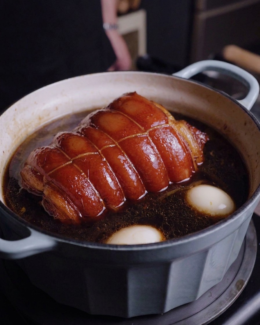 El rollo de cerdo braseado y dos huevos pasados por agua sumergidos en salsa oscura dentro de la olla.