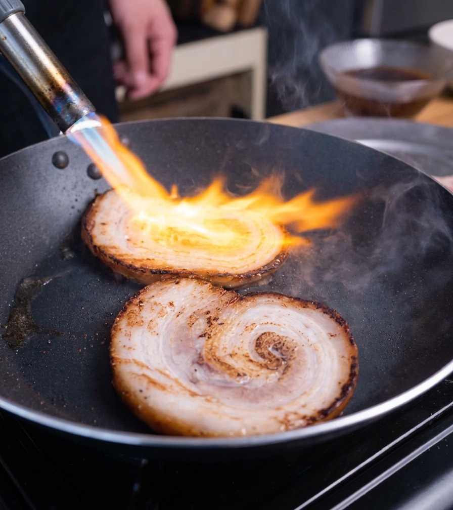 Un soplete de cocina flameando la superficie de rodajas gruesas de chashu en una sartén negra.