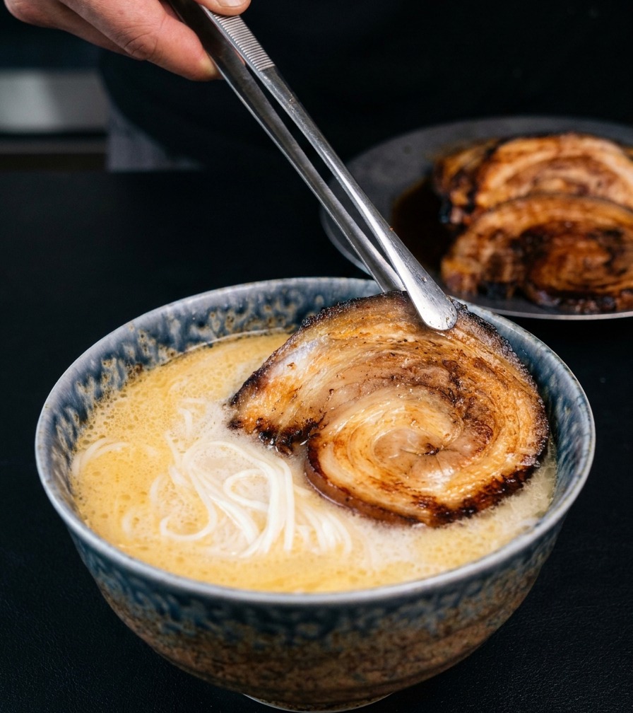 Pinzas metálicas colocando una rodaja de panceta caramelizada en un cuenco de ramen cremoso.