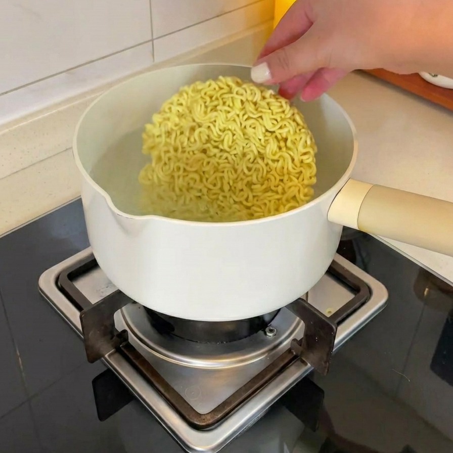 Una mano colocando un bloque de fideos ramen instantáneos en una olla blanca con agua hirviendo.