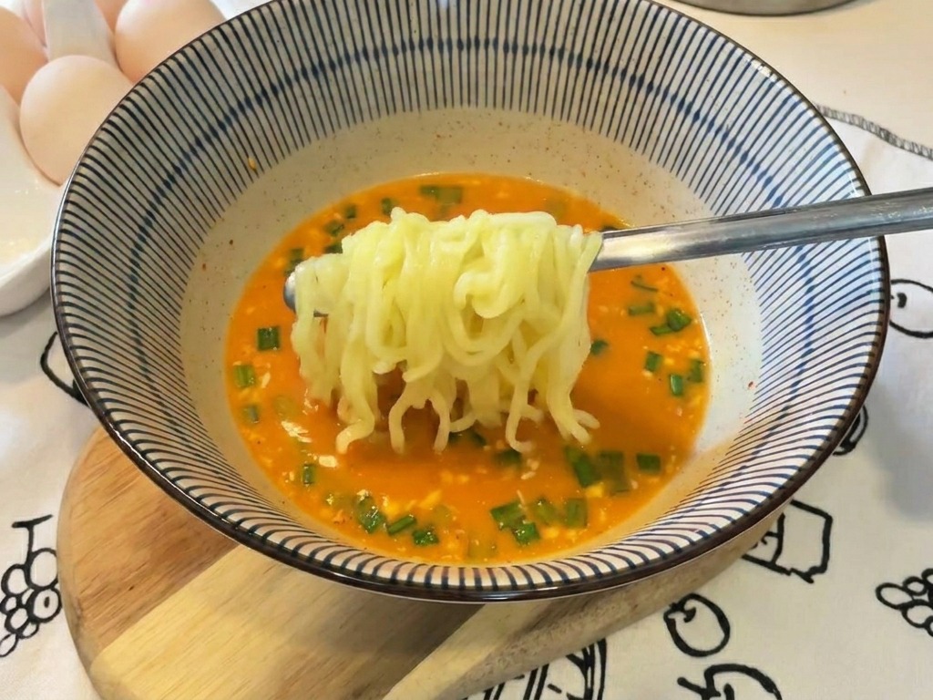 Fideos amarillos siendo levantados con palillos metálicos dentro de un tazón de sopa de ramen color naranja.