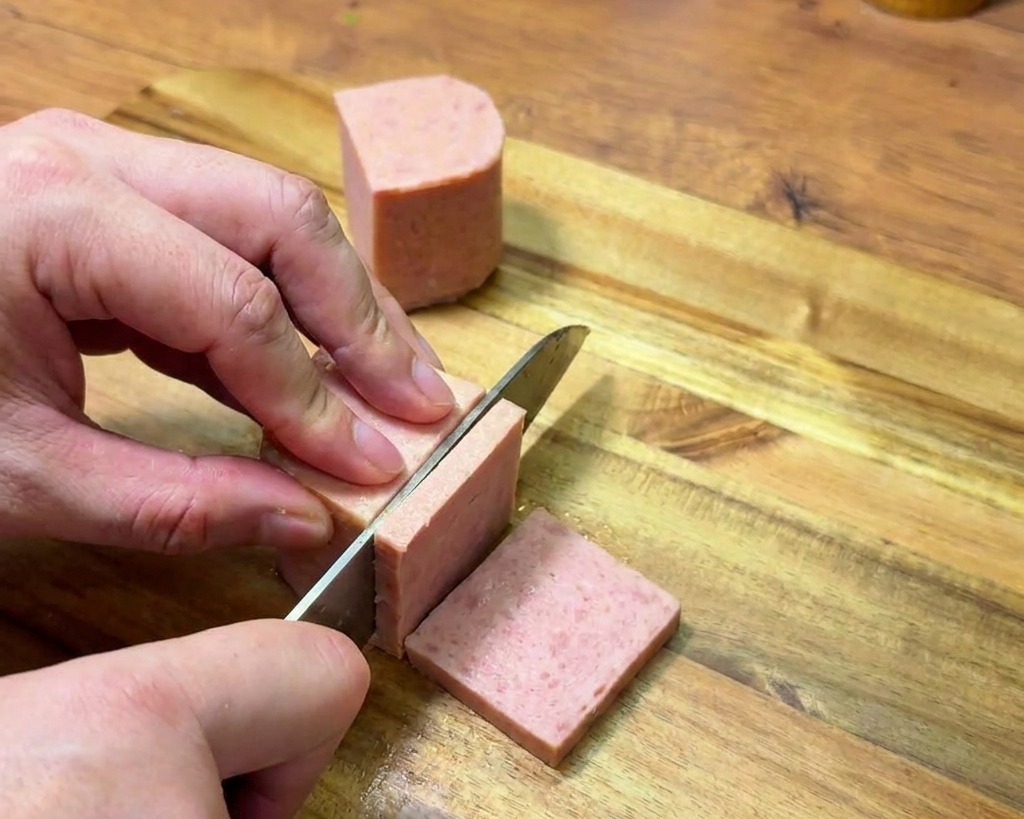 Una persona usando un cuchillo de cocina para cortar un bloque de carne de almuerzo en rebanadas rectangulares gruesas sobre una tabla de madera.
