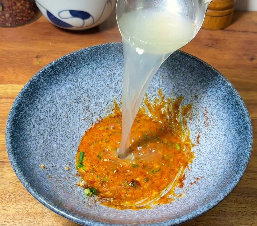 Un cucharón plateado vertiendo agua caliente y humeante en un bol con pasta de sazonador para crear un caldo cremoso.
