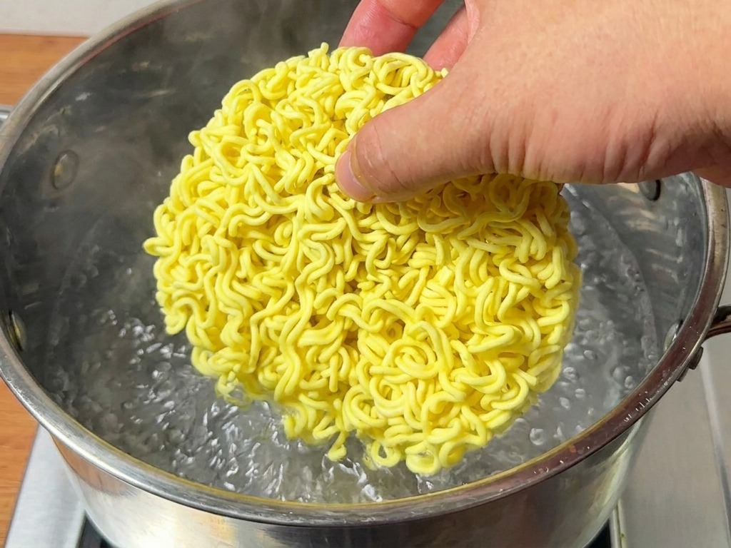 Una mano introduciendo un bloque de fideos secos amarillos en una olla de agua hirviendo.