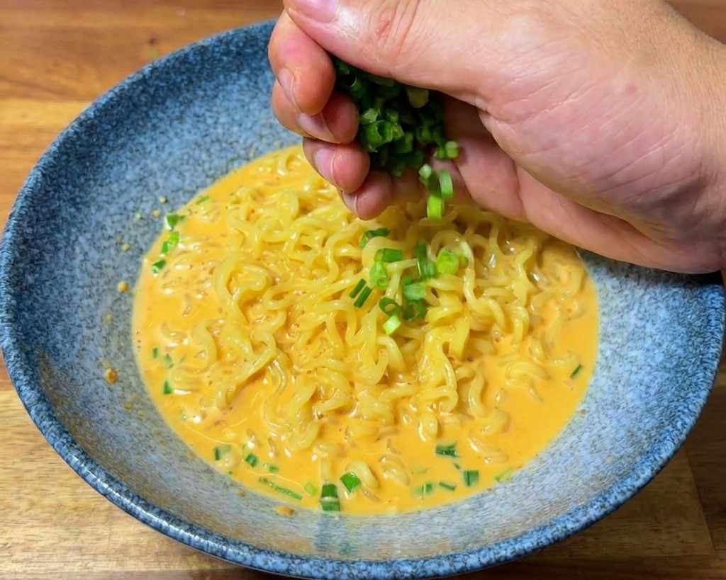 Una mano esparciendo un puñado de cebolletas picadas sobre un bol de fideos ramen con caldo cremoso.