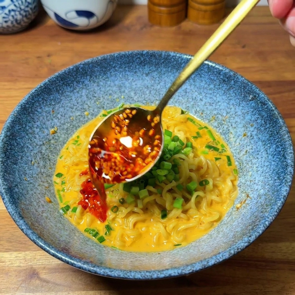 Una cuchara dorada vertiendo aceite de chile rojo y semillas de sésamo sobre el ramen terminado.
