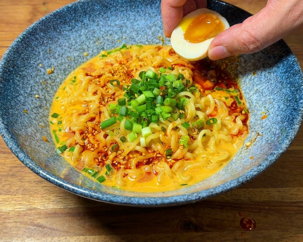 Una mano colocando la mitad de un huevo pasado por agua con la yema dorada sobre los fideos ramen.