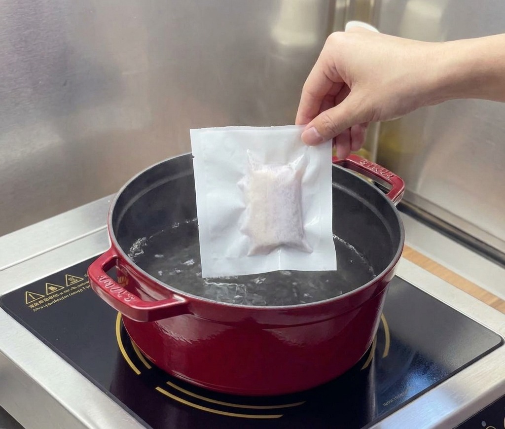 Una mano sostiene un paquete blanco sellado al vacío con carne sobre una olla de agua caliente y humeante en una cocina de inducción.