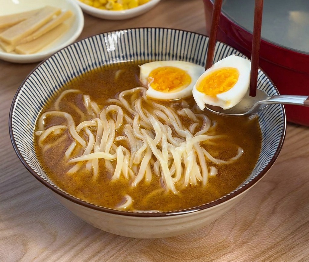 Una cuchara y palillos colocando las dos mitades de un huevo cocido con yemas de color naranja brillante sobre los fideos ramen.