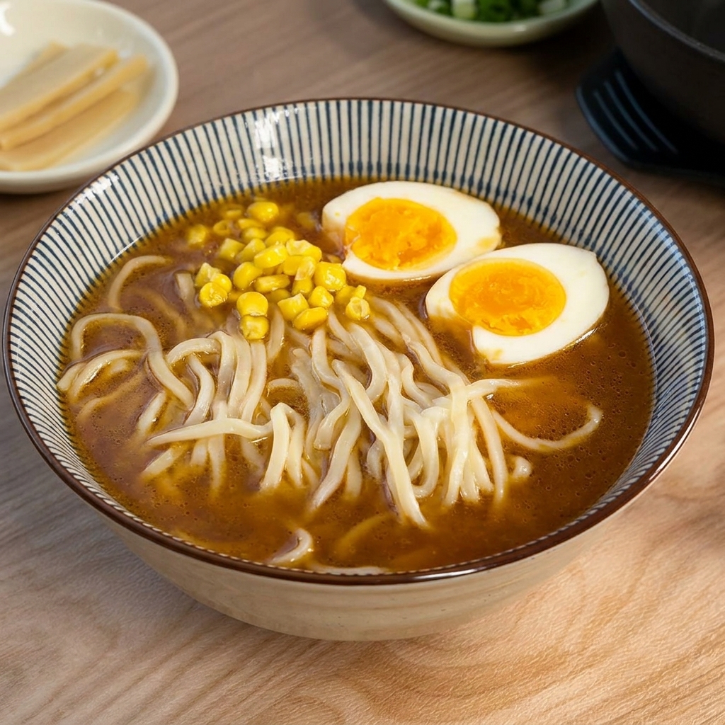 Un racimo de granos de maíz amarillo brillante descansando sobre los fideos en un caldo de miso junto a un huevo.
