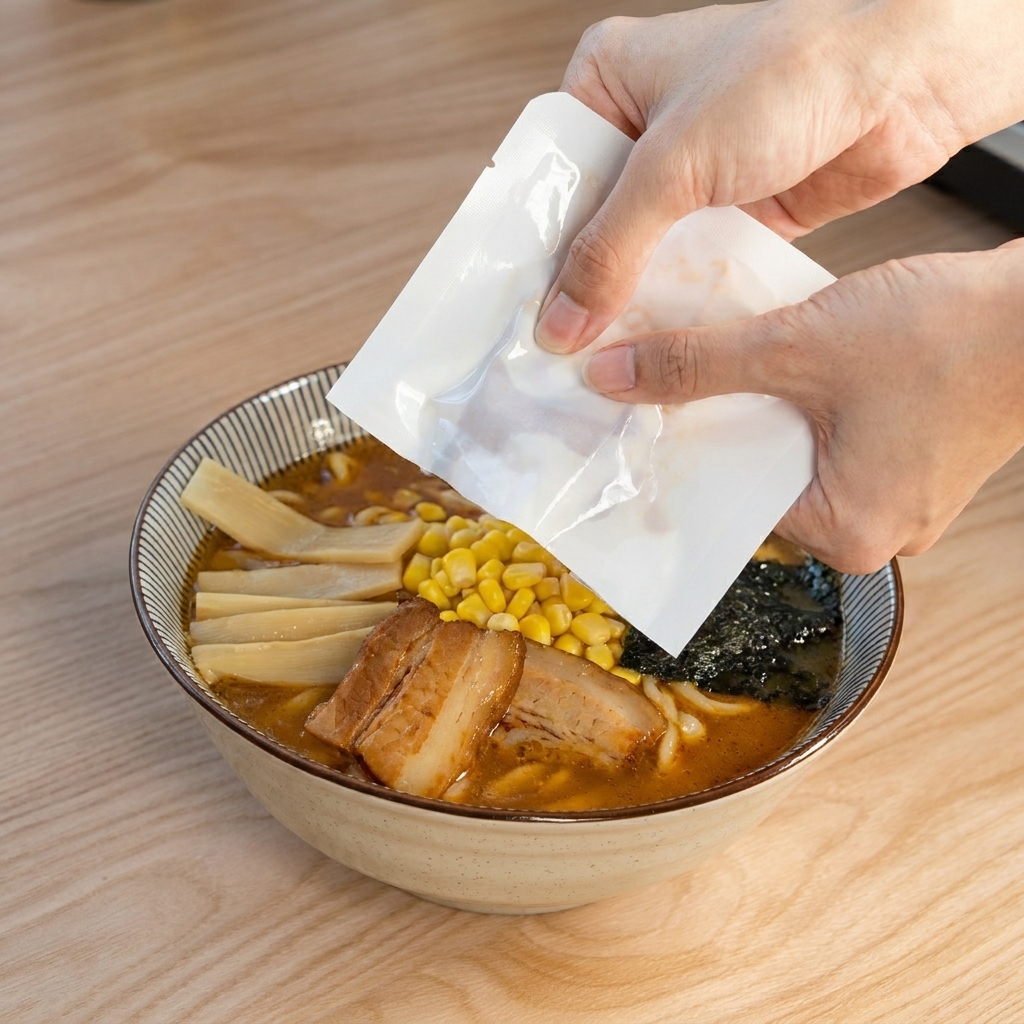 Una mano sirviendo una gruesa rebanada de cerdo chashu marinado desde una bolsa térmica sobre el ramen.