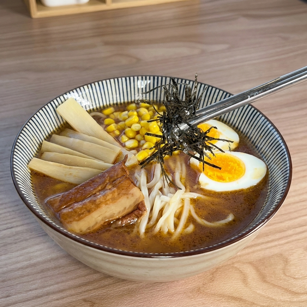 Palillos de metal colocando un montoncito de alga nori oscura en tiras sobre un ramen casi terminado.