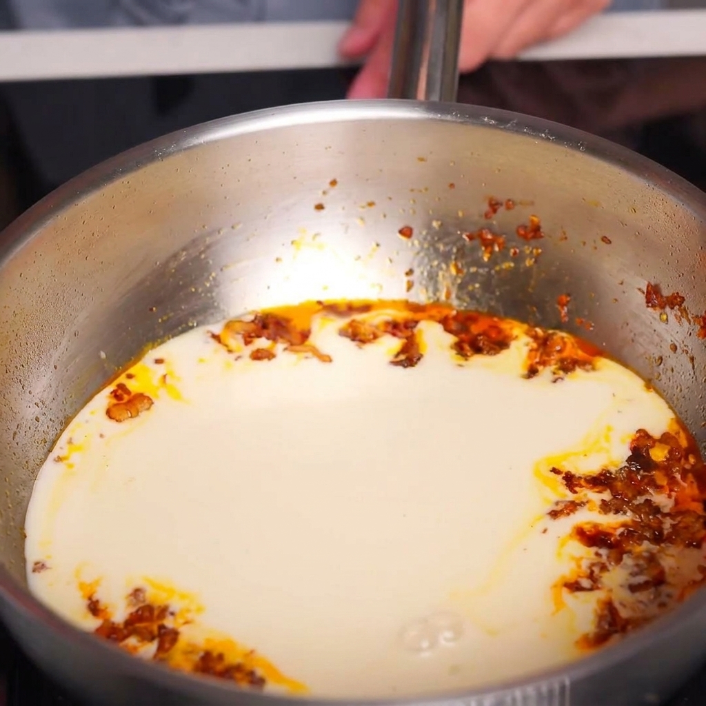 Una sartén con un caldo cremoso de color naranja claro con gotas de aceite en la superficie.