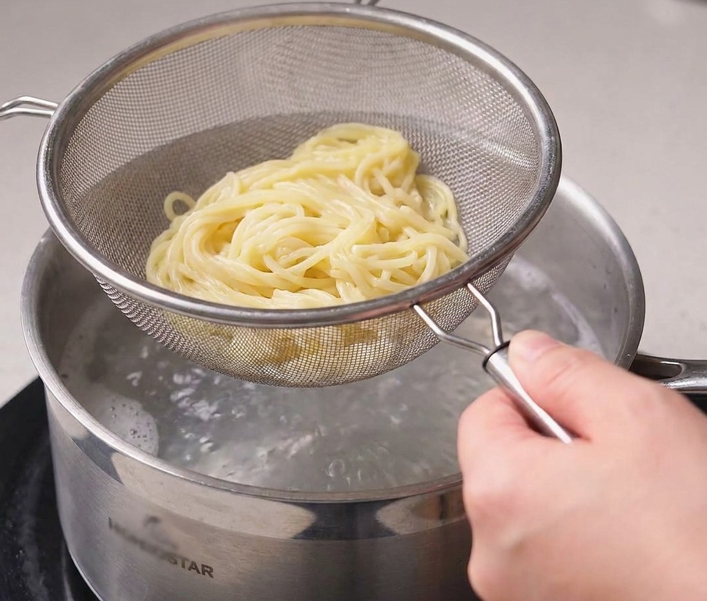 Un colador metálico con fideos amarillos sobre una olla con agua humeante.