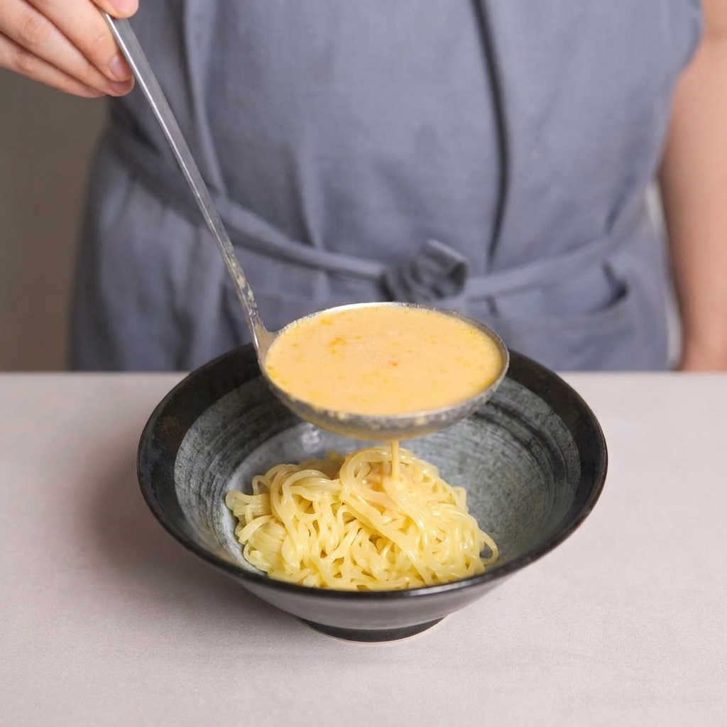 Un cazo vertiendo caldo amarillo cremoso sobre los fideos en un bol oscuro.