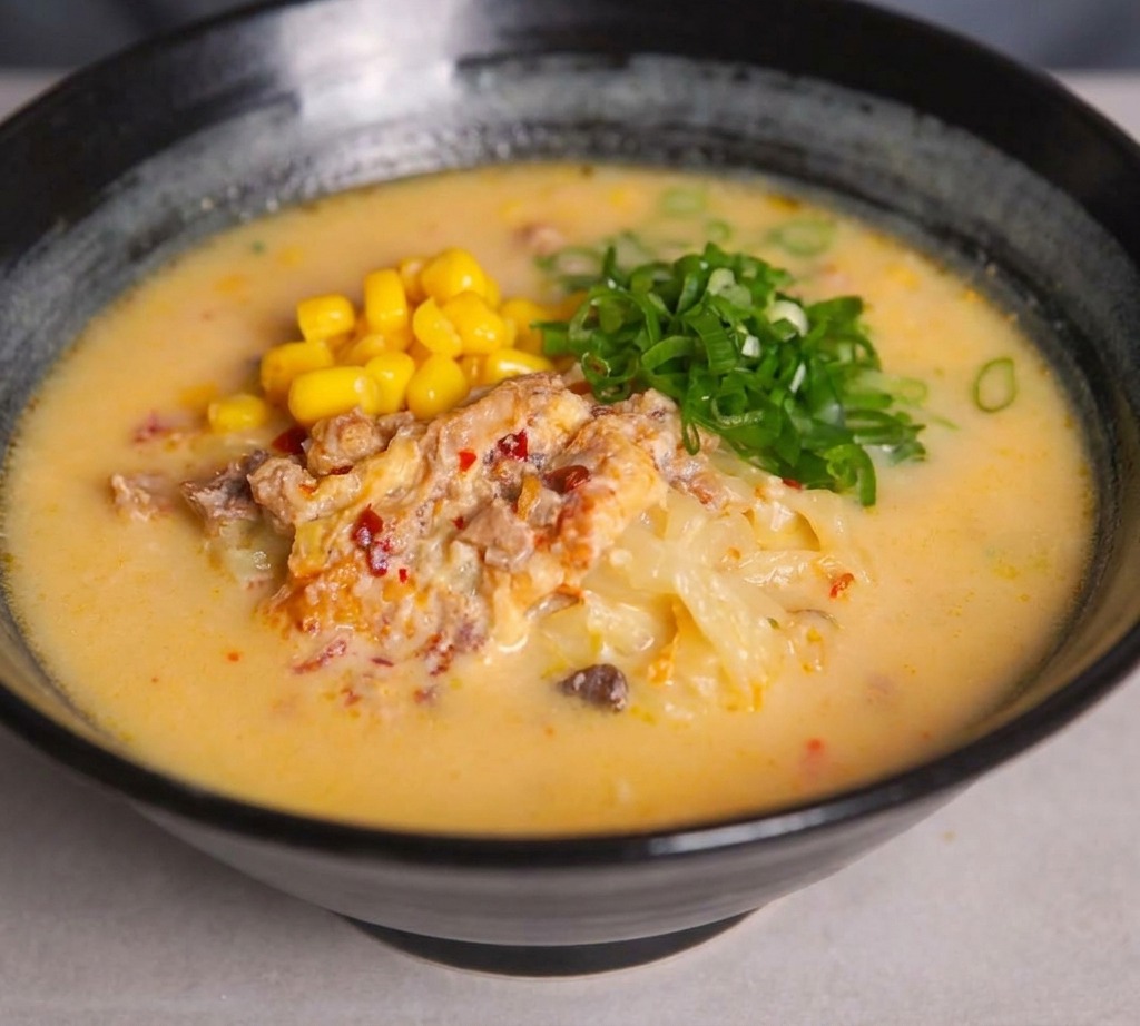 Primer plano de un bol de ramen con cebolleta verde fresca y maíz sobre el caldo.
