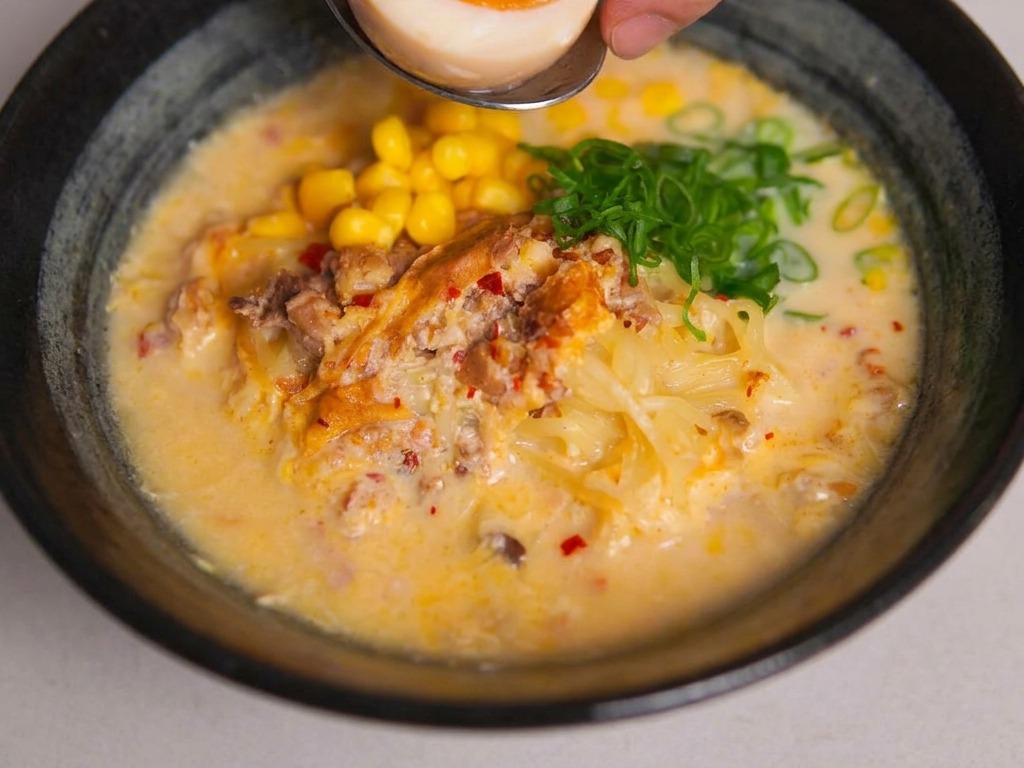 Una mano colocando medio huevo pasado por agua con yema naranja en el bol de ramen.