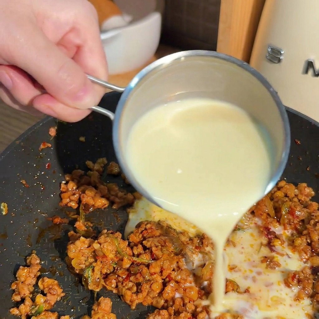 Leche de soja blanca fresca vertiéndose en una sartén que contiene carne picada y salsa roja.