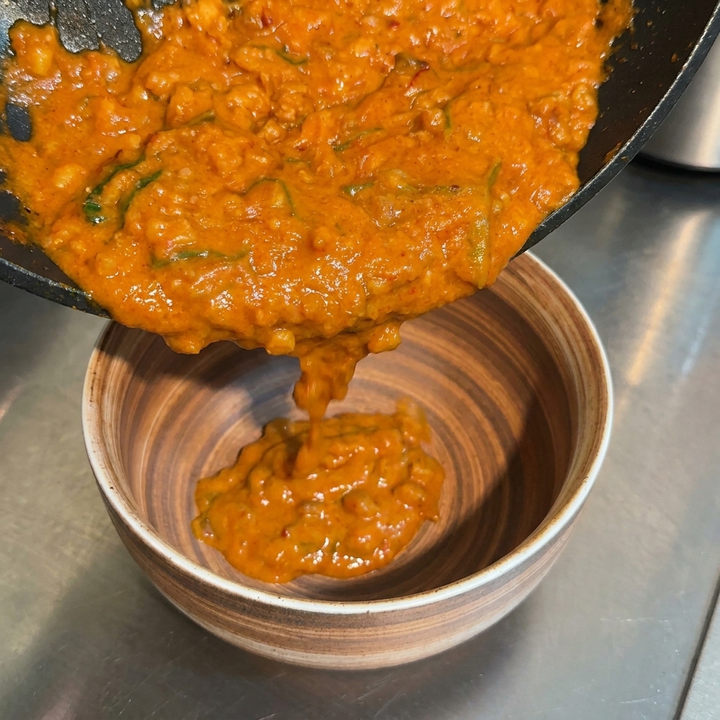 Salsa espesa de miso de color naranja vertiéndose desde una sartén negra a un bol de cerámica.