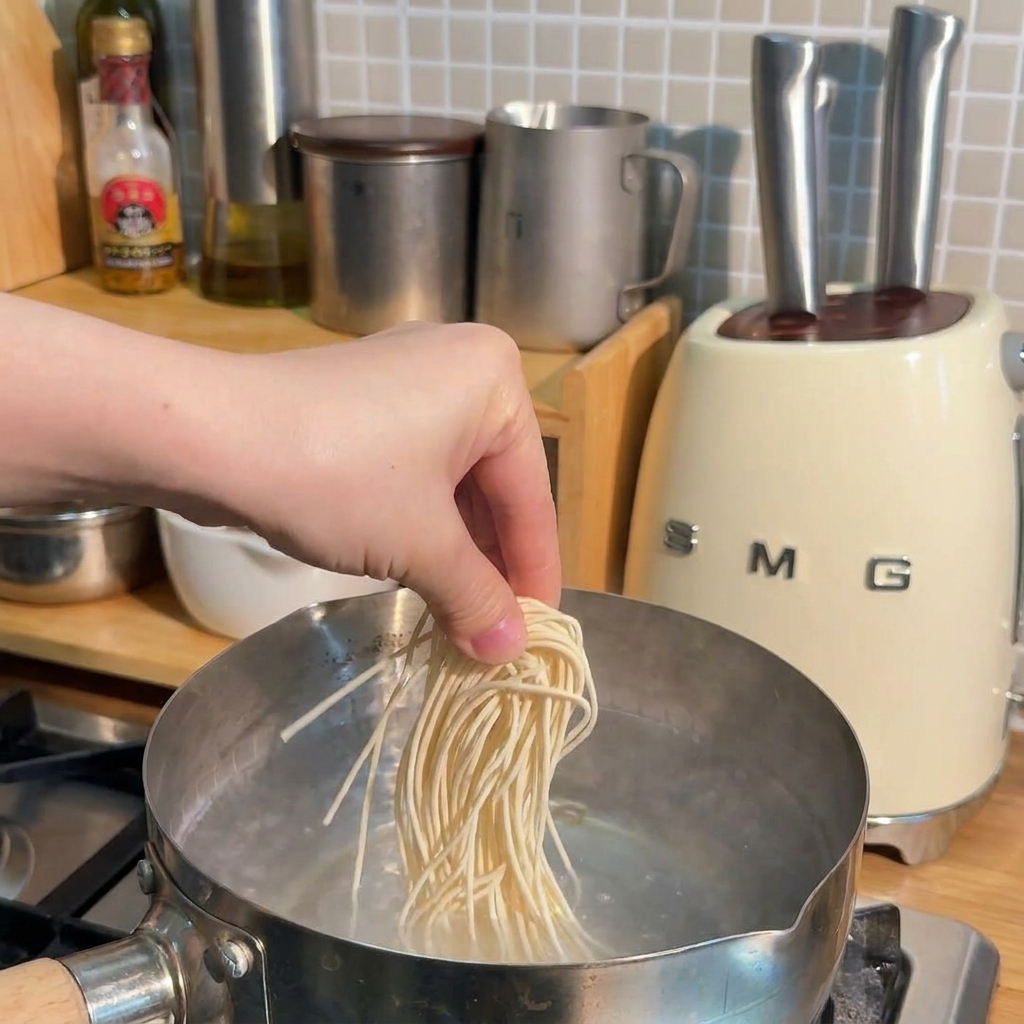 Un manojo de fideos ramen secos introduciéndose en una olla de acero inoxidable con agua hirviendo.
