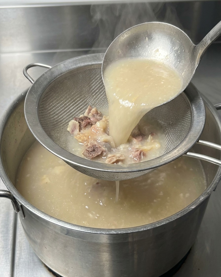 Caldo de huesos blanco vertiéndose a través de un tamiz metálico con restos de carne hacia otra olla.