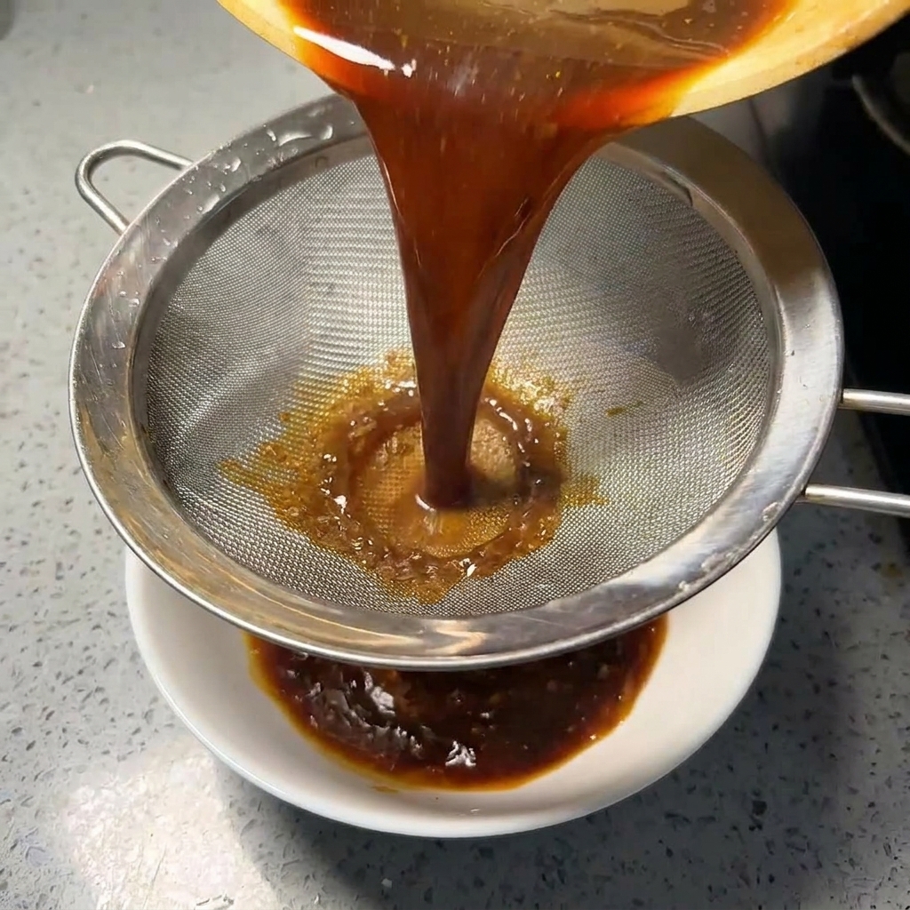 Salsa oscura concentrada filtrándose a través de un colador metálico hacia un bol de cerámica