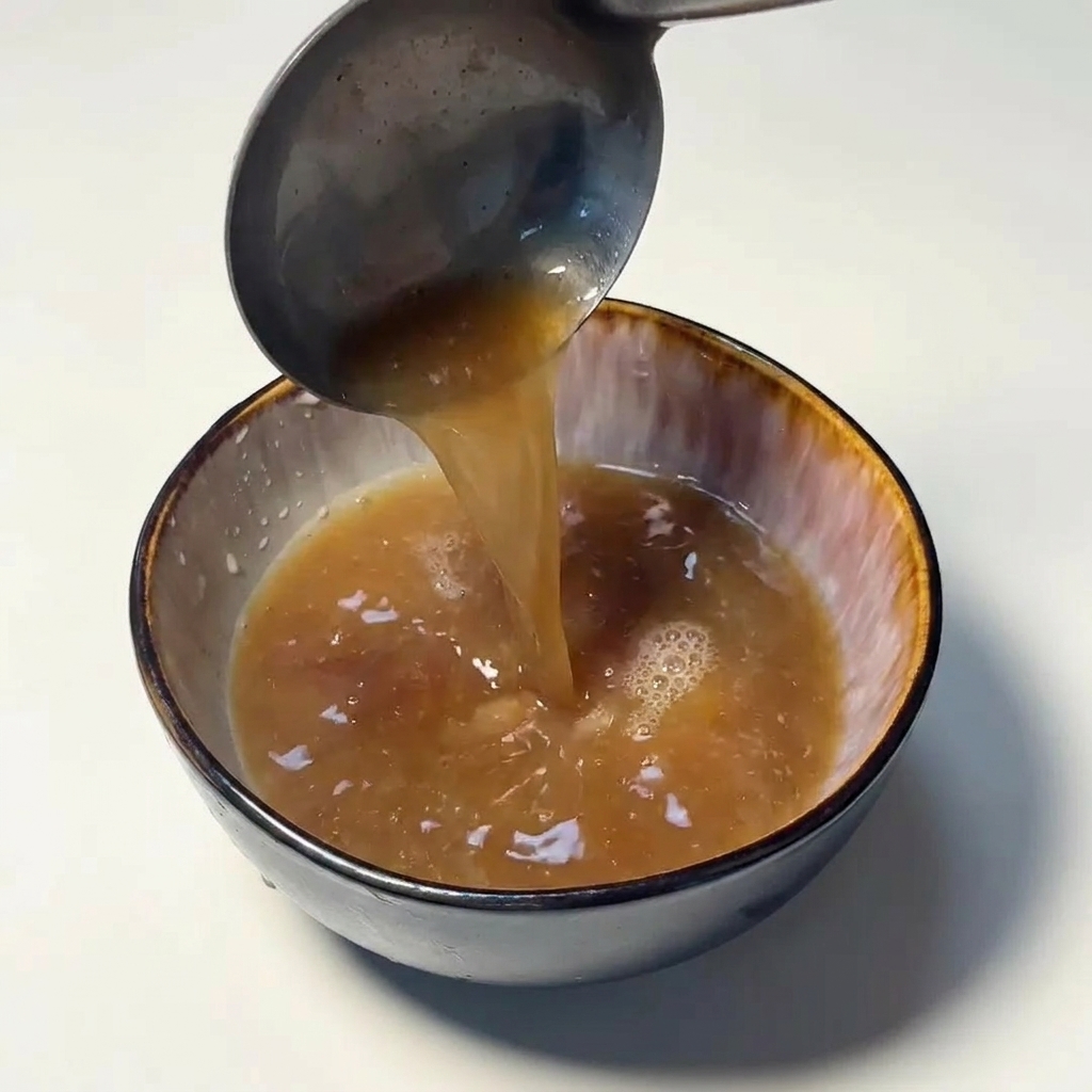 Un cucharón metálico vertiendo caldo de cerdo color café claro en un bol de cerámica