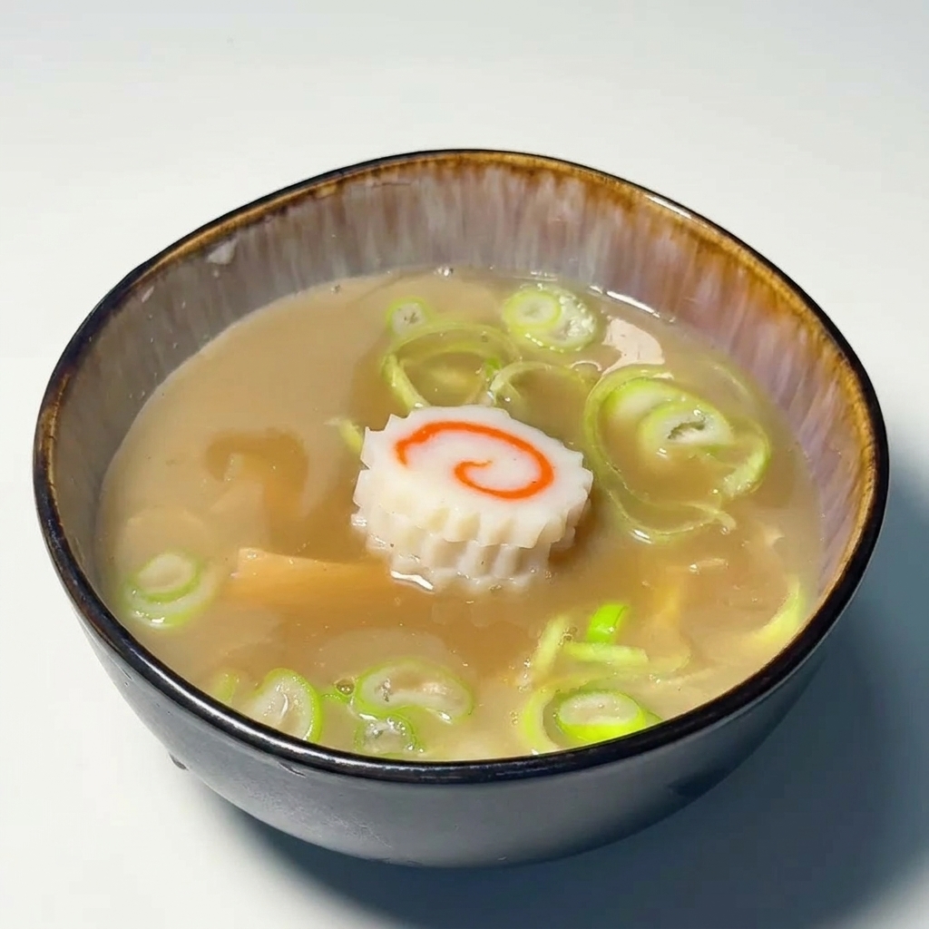 Un bol de sopa para mojar con narutomaki, brotes de bambú y cebolleta