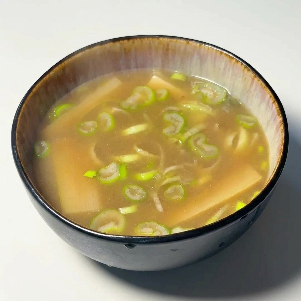 Bol de tsukemen terminado con cebolleta y bambú flotando en un caldo rico de marisco