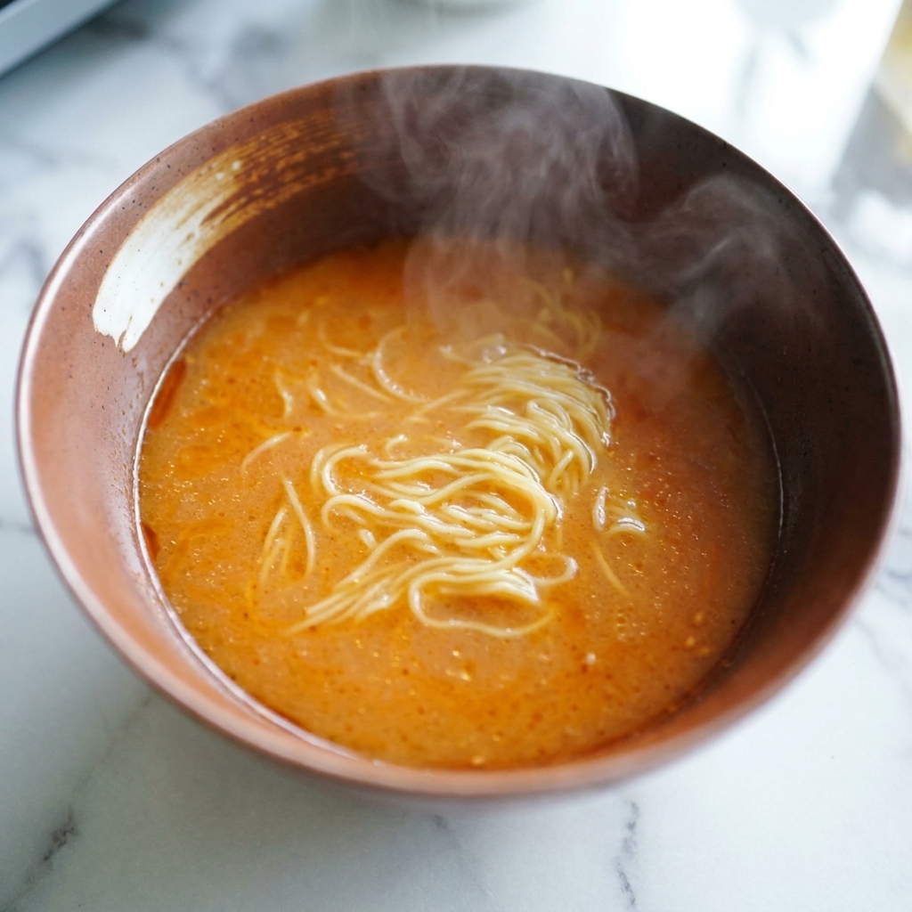 Fideos amarillos cocidos colocándose en el bol con el caldo de miso anaranjado.