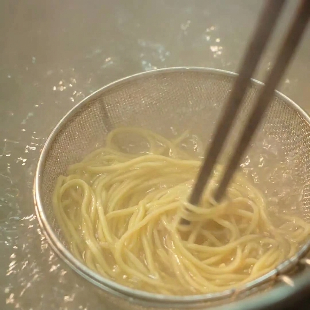 Primer plano de palillos de madera removiendo fideos de ramen amarillos dentro de un colador metálico sumergido en agua burbujeante.