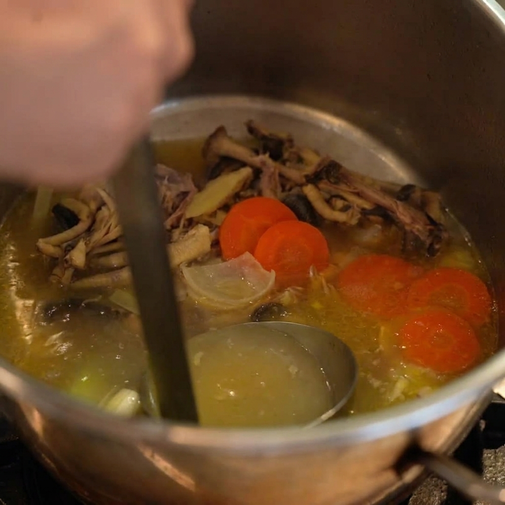 Un cucharón de metal removiendo un caldo dorado con piezas de pollo y zanahorias en una olla profunda de acero inoxidable.