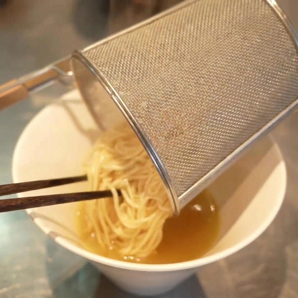 Fideos vertiéndose desde un colador cilíndrico en un cuenco blanco lleno de caldo caliente y claro.